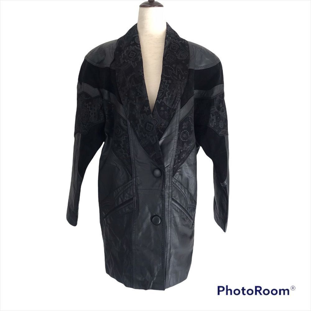 VINTAGE 90s Leather Duster Blazer Jacket Midi Longline 80s Suede Black Small